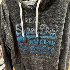 Superdry Men's Charcoal Hoodie with Sky Blue Details